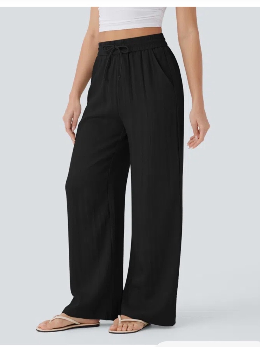 Halara High Waisted Linen Feel Wide Leg Drawstring Pants for Women - Black